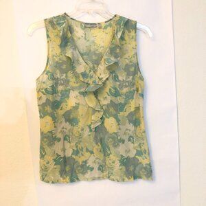 Halogen Women Silk Tank Top Size L Ruffle Floral Sleeveless Blouse Green Yellow
